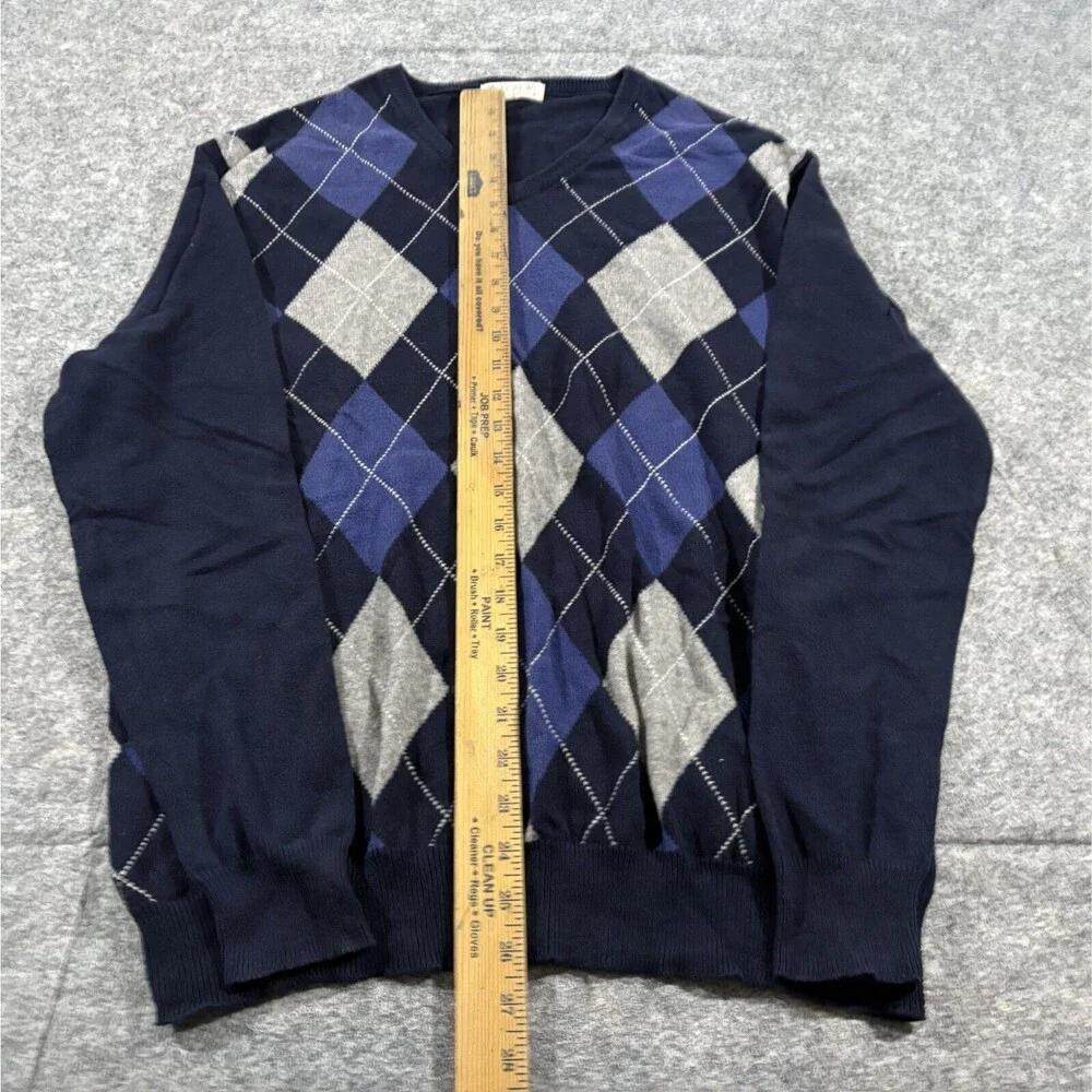 J CREW Preppy Sweater Mens Cashmere Cotton Argyle Pullover Blue Sz L Academia